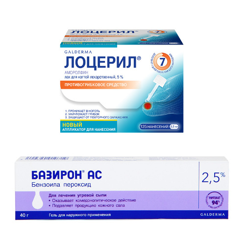 Набор ЛОЦЕРИЛ 5% 2,5МЛ ФЛАК ЛАК Д/НОГТЕЙ и БАЗИРОН АС 2,5% 40,0 ГЕЛЬ по спец цене