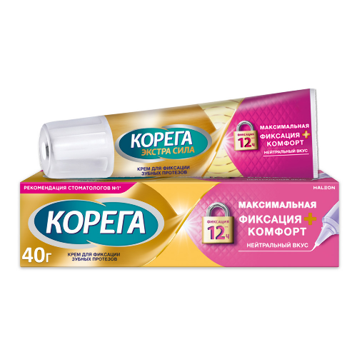 Корега максимальная фиксация + комфорт крем 40 гр - цена 494.30 руб., купить в интернет аптеке в Нижнем Новгороде Корега максимальная фиксация + комфорт крем 40 гр, инструкция по применению