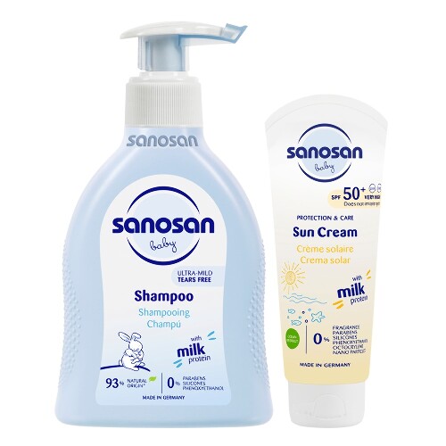 Набор SANOSAN BABY крем солнцезащитный для детей spf 50+ 75мл +  шампунь д/младенцев 200мл со скидкой 