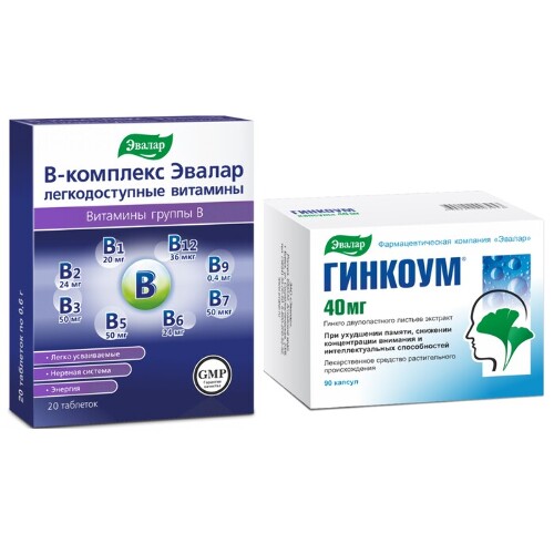 Набор В-КОМПЛЕКС ЭВАЛАР ЛЕГКОДОСТУПНЫЕ ВИТАМИНЫ таблетки 20шт. + ГИНКОУМ 40мг капсулы 90шт.