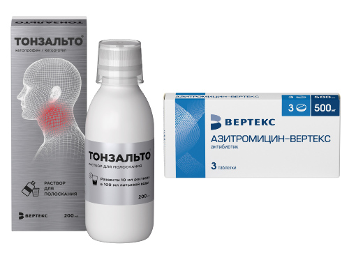 Набор АЗИТРОМИЦИН-ВЕРТЕКС 0,5 N3 ТАБЛ П/ПЛЕН/ОБОЛОЧ + ТОНЗАЛЬТО 0,016/МЛ 200МЛ N1 ФЛАК Р-Р Д/ПОЛОСКАНИЯ