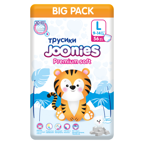 Купить Joonies premium soft подгузники-трусики для детей размер l 9-14 кг 56 шт. цена