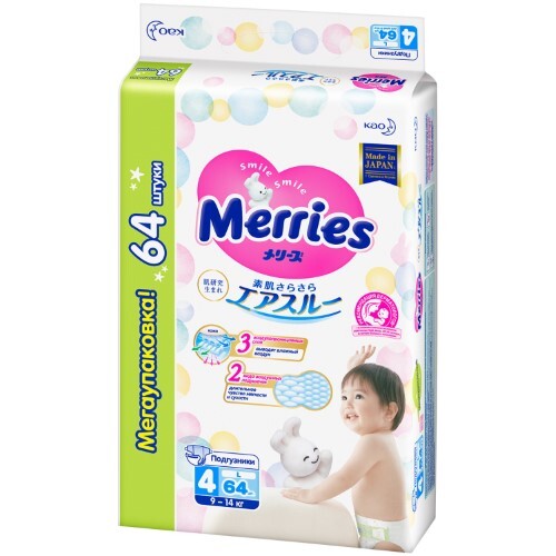 Купить Merries подгузники для детей на липучках размер l 9-14 кг 64 шт. цена