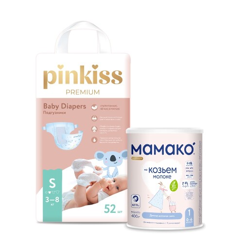 Набор МАМАКО-1 PREMIUM СМЕСЬ СУХ НА КОЗЬЕМ МОЛОКЕ С ОЛИГОСАХАРИДАМИ ГРУДНОГО МОЛОКА 400г + PINKISS PREMIUM ПОДГУЗНИКИ S/3-8 кг/ 