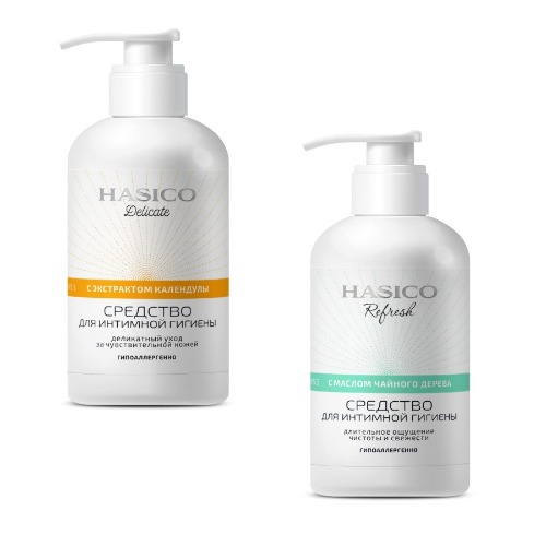 Набор средств для интимной гигиены HASICO: delicate с экстрактом календулы 250 мл и  refresh с маслом чайного дерева 250 мл по  спец. цене