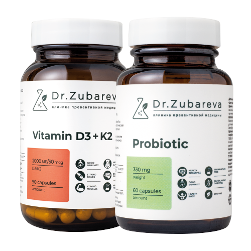НАБОР DR ZUBAREVA ПО СПЕЦ ЦЕНЕ VITAMIN D3K2 2000 МЕ 90 КАПС. и ПРОБИОТИКИ 60 КАПС.