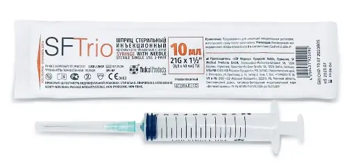 SFTRIO ШПРИЦ 10МЛ 3-Х КОМПОНЕНТНЫЙ C ИГЛОЙ 21G (0,8Х40ММ) СТЕРИЛЬНЫЙ ОДНОКРАТНОГО ПРИМЕНЕНИЯ N1