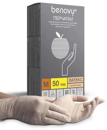 Купить ПЕРЧАТКИ СМОТРОВЫЕ BENOVY ЛАТЕКСНЫЕ НЕСТЕРИЛЬНЫЕ ОПУДРЕННЫЕ М N50 ПАР цена