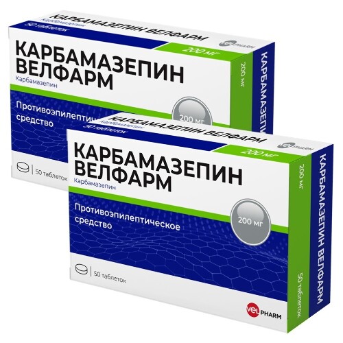 Набор из 2-х уп Карбамазепин Велфарм 200мг №50 табл со скидкой - цена 248.90 руб., купить в интернет аптеке в Волгограде Набор из 2-х уп Карбамазепин Велфарм 200мг №50 табл со скидкой, инструкция по применению