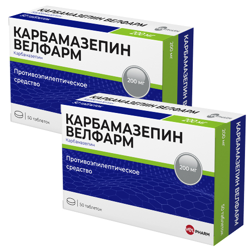 Набор из 2-х уп Карбамазепин Велфарм 200мг №50 табл со скидкой - цена 275.50 руб., купить в интернет аптеке в Москве Набор из 2-х уп Карбамазепин Велфарм 200мг №50 табл со скидкой, инструкция по применению