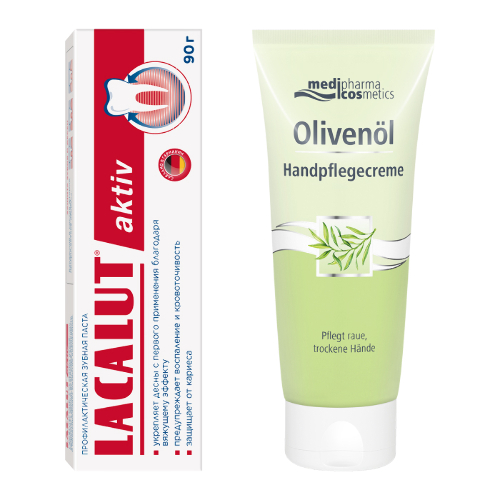 Набор LACALUT ЗУБНАЯ ПАСТА AKTIV 90,0 + MEDIPHARMA COSMETICS OLIVENOL КРЕМ ДЛЯ РУК 100МЛ