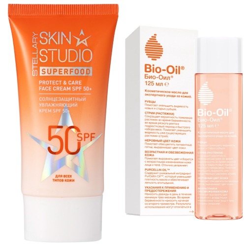 Набор Stellary skin studio крем солнцезащитный увлажняющий spf50+ 40мл и Bio-oil масло косметическое 125мл