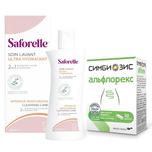 Набор САФОРЕЛЬ ИНТЕНСИВНОЕ УВЛАЖНЕНИЕ 250МЛ + СИМБИОЗИС АЛЬФЛОРЕКС 30 ШТ. со скидкой