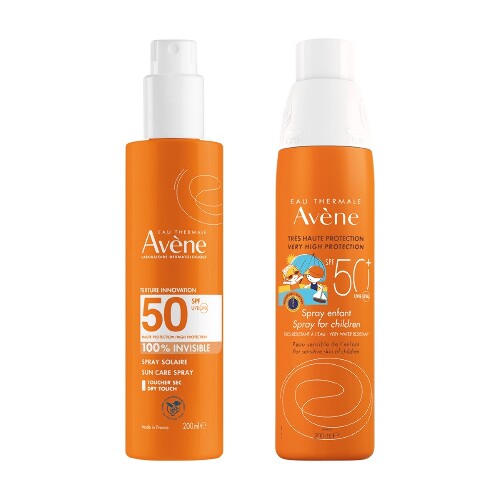 Набор AVENE СПРЕЙ СОЛНЦЕЗАЩИТНЫЙ НЕВИДИМЫЙ Д/ЧУВСТВИТ КОЖИ SPF50 200МЛ + AVENE СПРЕЙ СОЛНЦЕЗАЩИТНЫЙ ДЕТСКИЙ SPF50+ Д/ЧУВСТВ КОЖИ