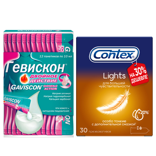 Набор Gaviscon Двойное действие сусп внутрь 10млх12 саше + Презервативы Contex Lights 30