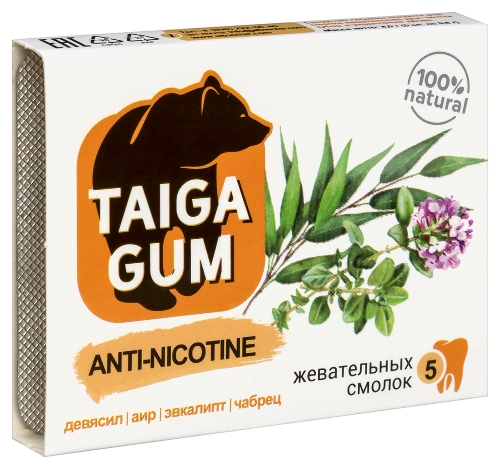 Taiga gum смолка жевательная anti-nicotine из смолы лиственницы сибирской с пчелиным воском драж в растительной пудре 5 шт.