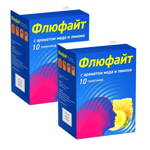 Набор из 2-х уп. Флюфайт 10 пакетиков аромат мед и лимон при простуде и гриппе со скидкой!