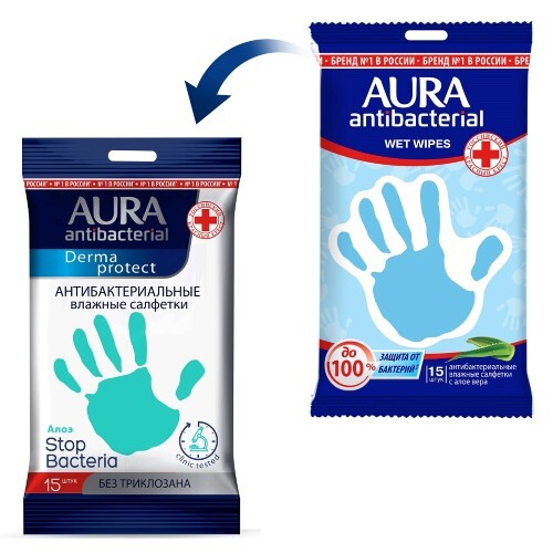 Купить Aura antibacterial derma protect салфетки влажные очищающие антибактериальные алоэ 15 шт. цена