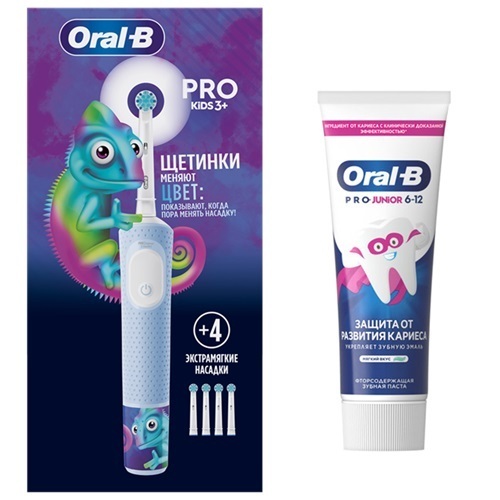 Набор Oral-b: <em>зубная</em> щетка <em>pro</em> kids 3+/тип 3708/с насадкой chameleon+со смен насадкой N4 + <em>зубная</em> паста <em>pro</em>-junior 75мл