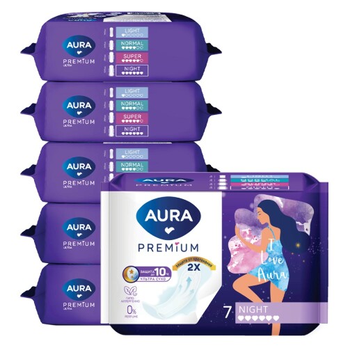 Набор AURA PREMIUM Прокладки женские гигиенические NIGHT 7шт из 6 упаковок со скидкой