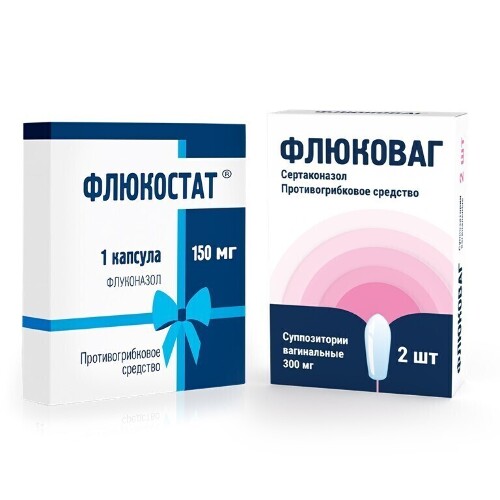 Набор для борьбы с молочницей Флюкостат (флуконазол) капс №1 + Флюковаг (сертаконазол) супп №2 - со скидкой
