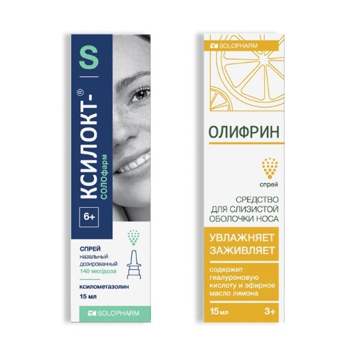 Набор Ксилокт-СОЛОфарм спрей при насморке + Олифрин увлажняющее средство для носа со скидкой -10%