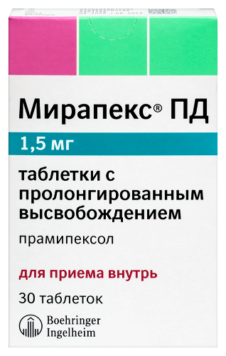 Мирапекс пд 1,5 мг 30 шт. таблетки с пролонгированным высвобождением