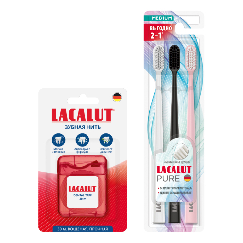 Набор LACALUT PURE ЗУБНАЯ ЩЕТКА СРЕДНЕЙ ЖЕСТКОСТИ N3 + ЗУБНАЯ НИТЬ DENTAL TAPE 30М со скидкой