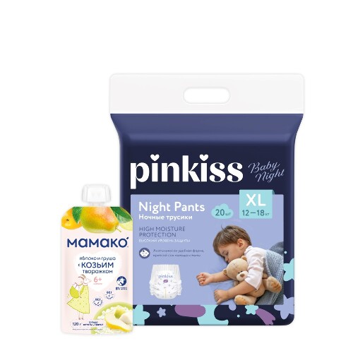 Набор Pinkiss Подгузники-трусики Baby Night XL (12-18 кг) 20 шт. + МАМАКО ПЮРЕ ЯБЛОКО И ГРУША С КОЗЬИМ ТВОРОЖКОМ 120