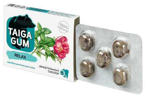 Taiga gum смолка жевательная relax из смолы лиственницы сибирской с пчелиным воском дражированная в растительной пудре 5 шт.