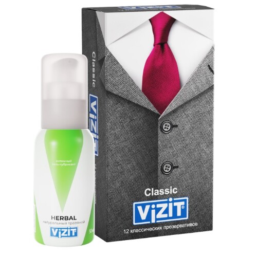 Набор Vizit гель-лубрикант herbal натуральный травяной 50 мл + Vizit презерватив classic классические 12 шт.