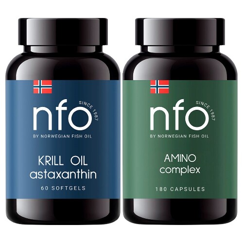 Набор NFO NORWEGIAN FISH OIL ОМЕГА-3 МАСЛО КРИЛЯ N60 КАПС + NFO НФО АМИНО КОМПЛЕКС N180 КАПС ПО 475МГ со скидкой