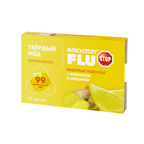 ФЛЮСТОП ТВЕРДЫЙ МЕД МЕДОВЫЕ ЛЕДЕНЦЫ С ЛИМОНОМ И ИМБИРЕМ
