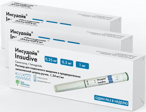 НАБОР (СЕМАГЛУТИД) ИНСУДАЙВ 0,00025/0,0005/0,001/ДОЗА 3МЛ N1 ШПРИЦ-РУЧКА Р-Р П/К +ИГЛА N6 закажи 3 упаковки со скидкой