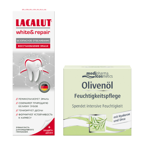 Набор LACALUT ЗУБНАЯ ПАСТА WHITE&REPAIR 65,0 + MEDIPHARMA COSMETICS OLIVENOL КРЕМ ДЛЯ ЛИЦА УВЛАЖНЯЮЩИЙ 50МЛ