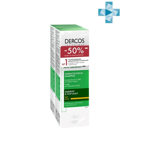 Vichy dercos интенсивный шампунь-уход против перхоти для сухих волос 200 мл 2 шт.