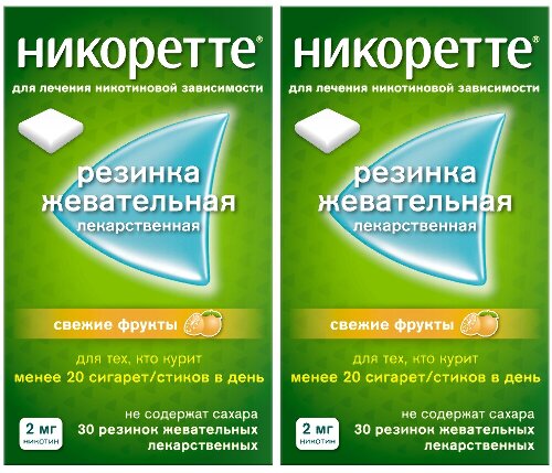 Набор - Никоретте® Свежие фрукты 2 мг, 30 шт х 2, жевательная резинка при отказе от курения