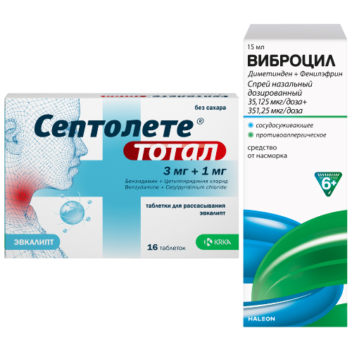 Набор Септолете тотал № 16 эвкалипт + Виброцил (95 доз) спрей назальный 15 мл