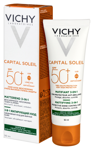 Vichy capital soleil уход матирующий для жирной проблемной кожи 3-в-1 spf50+ 50 мл