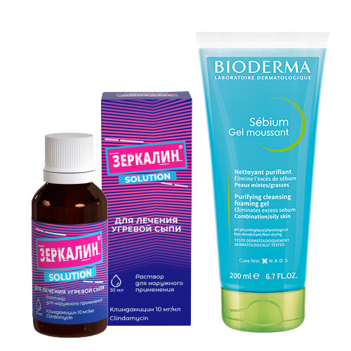 Набор для проблемной кожи: очищение BIODERMA SEBIUM ГЕЛЬ 200 + борьба с несовершенствами ЗЕРКАЛИН