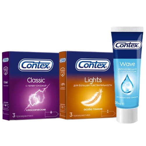 Набор Контекс №1: Contex презервативы Classic 3 шт.+ Contex презерватив lights особо тонкие 3 шт. + Contex гель-смазка wave 30 м