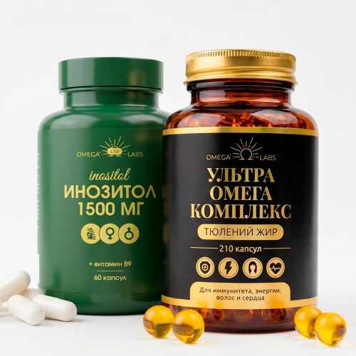 Набор OMEGA LABS:ИНОЗИТОЛ 1500MG N60 КАПС ПО 895МГ+УЛЬТРА ОМЕГА КОМПЛЕКС ТЮЛЕНИЙ ЖИР N210 КАПС ПО 350МГ