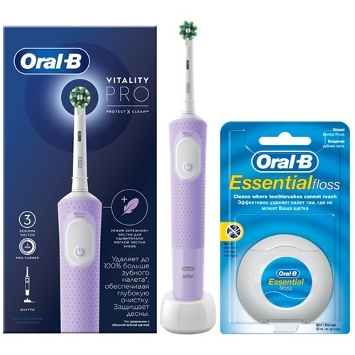 Набор Oral-b зубная щетка vitality pro с насадкой cross action электрич/сиреневая + Oral-b зубная нить essential floss вощ 50м