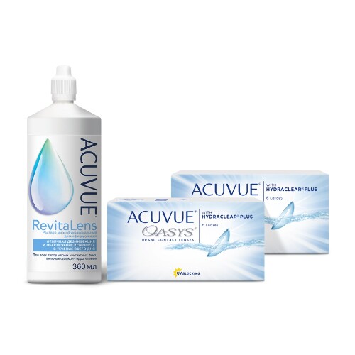 Набор: 2уп ACUVUE OASYS WITH HYDRACLEAR PLUS 8,4/14,0 N6 /-7,50/ ЛИНЗЫ + 1уп ACUVUE REVITALENS Р-Р МНОГОФУНКЦ ДЕЗИН С КОНТ 360МЛ