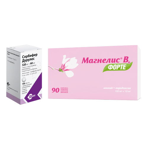 Набор СОРБИФЕР ДУРУЛЕС 0,32+0,06 N100 ТАБЛ ПРОЛОНГ ВЫСВОБ П/ПЛЕН/ОБОЛОЧ + МАГНЕЛИС В6 ФОРТЕ 0,1+0,01 N90 ТАБЛ П/ПЛЕН/ОБОЛОЧ по с