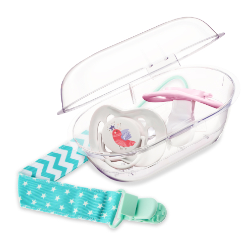 Набор « ROXY-KIDS: соска-пустышка ортодонтическая с футляром-стерилизатором 6-18 мес 2 шт./ rss-003 + держатель для пустышек min