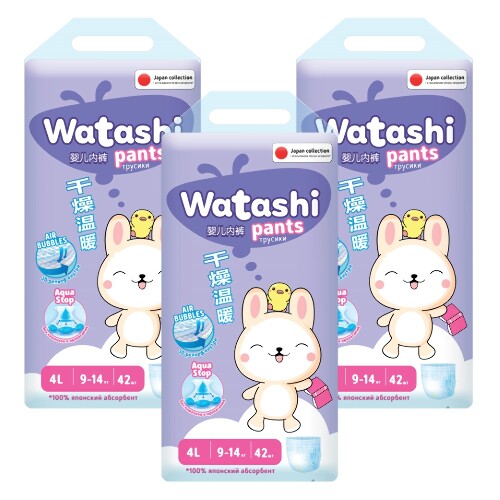 Набор WATASHI Детские трусики-подгузники 4/L 9-14 кг 42шт из 3-х упаковок со скидкой