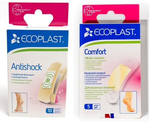 Набор ECOPLAST ПЛАСТЫРЬ ПРОТИВОМОЗОЛЬНЫЙ COMFORT 70Х38ММ N5 + ECOPLAST НАБОР ПЛАСТЫРЕЙ МЕД ПОЛИМЕР ANTISHOCK N10 со скидкой