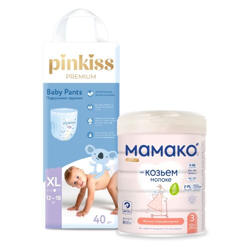 Набор МАМАКО-3 PREMIUM НАПИТОК СУХОЙ НА КОЗЬЕМ МОЛОКЕ С ОЛИГОСАХАРИДАМИ ГРУДНОГО МОЛОКА 800г + PINKISS PREMIUM ПОДГУЗНИКИ-ТРУСИК