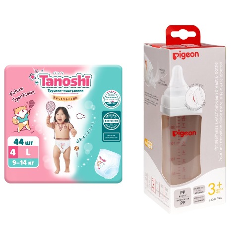 Набор Pigeon бутылочка для кормления полипропилен 3+ 240мл+Tanoshi подгузники для детей размер s 3-6кг n72